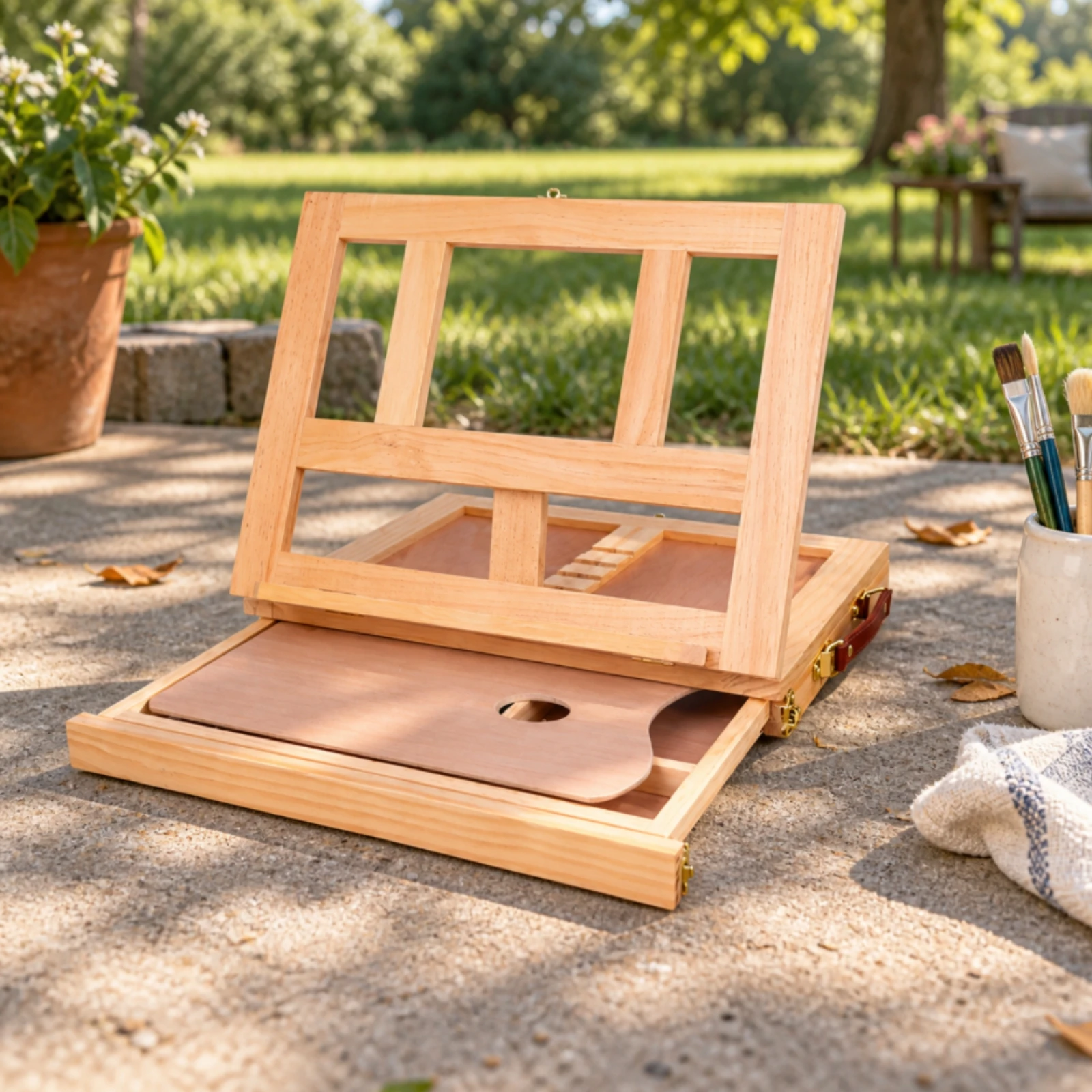 Wood Tabletop Easel Storage Box Compact Portable Painting Box with Easel Tabletop Art Station with Drawer Long-Lasting