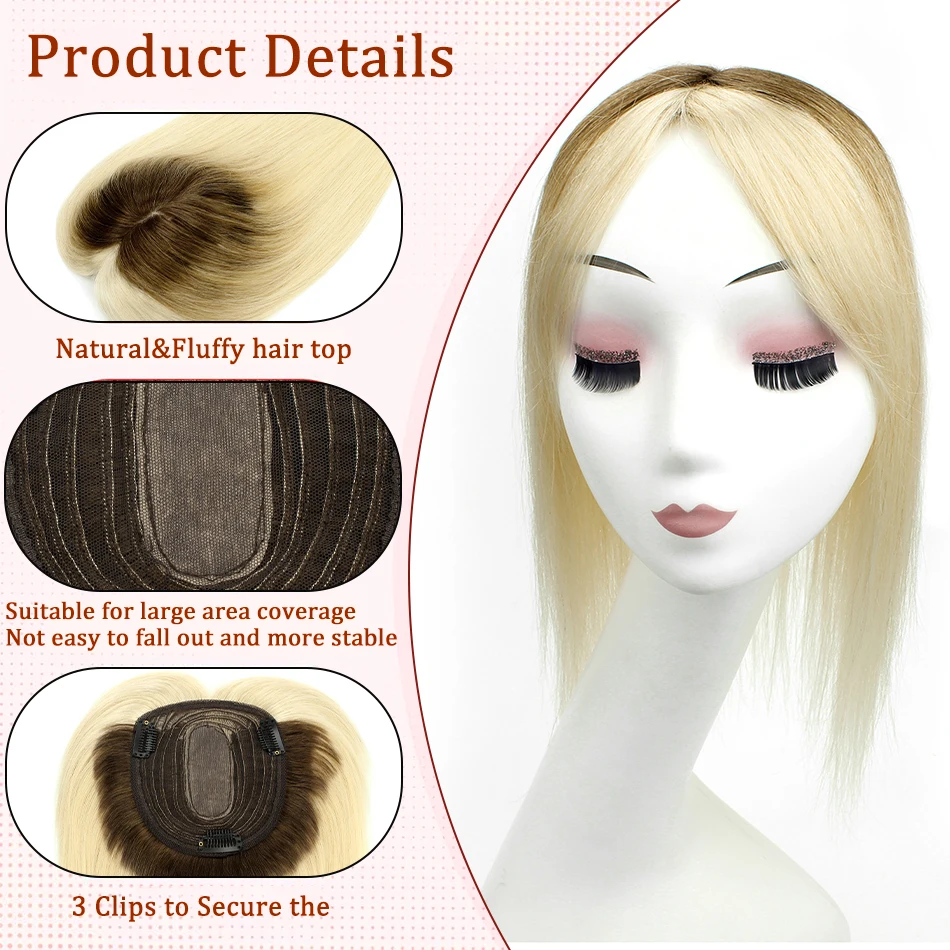 Straight Hair Topper For Woman Remy Human Hair Blond Hairpieces Machine Made Hair Toppers With 3 Clips Human Hair Toupee T4-613