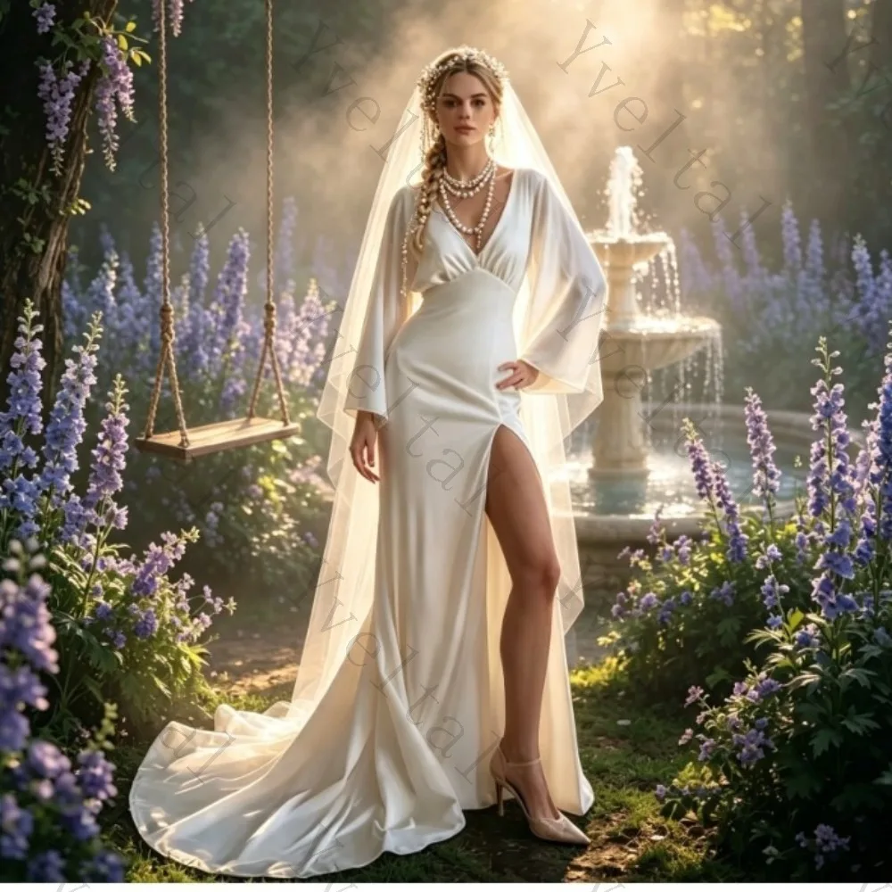 Customized Graceful Charming Temperament Wedding Dresses  Deep V-Neck Open Back Beading Sequined High Side Slits Bride Gown