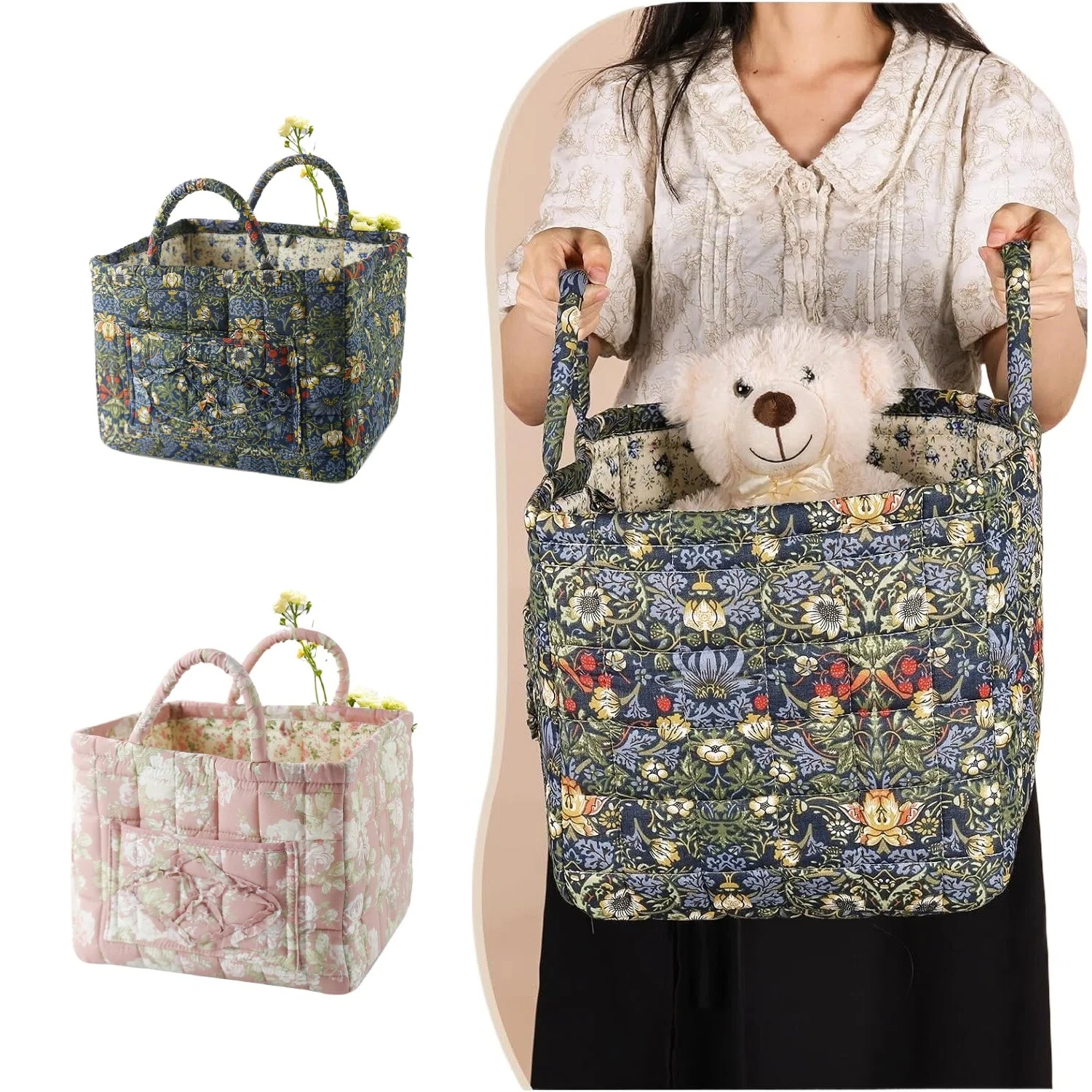 

Baby Storage Nursery Organizer Basket, Fabric Infant Diaper Bag with Handle Caddy Changing Nappy for Kids Clothes Toys