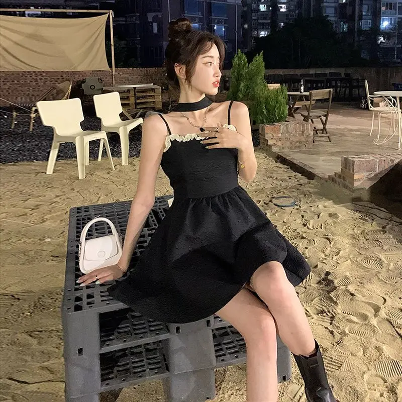 Black Camis Dresses Summer Korean Fashion Patchwork Solid Color Sling Mini Dress 2024 New Sweet Ruffles Slim Sexy Dress Femme