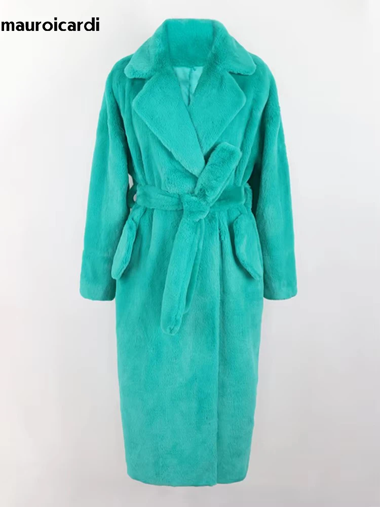 

Mauroicardi Autumn Winter Long Black Fluffy Thick Warm Soft Faux Fur Coat Women Sashes Lapel Loose Casual Korean Fashion 2024