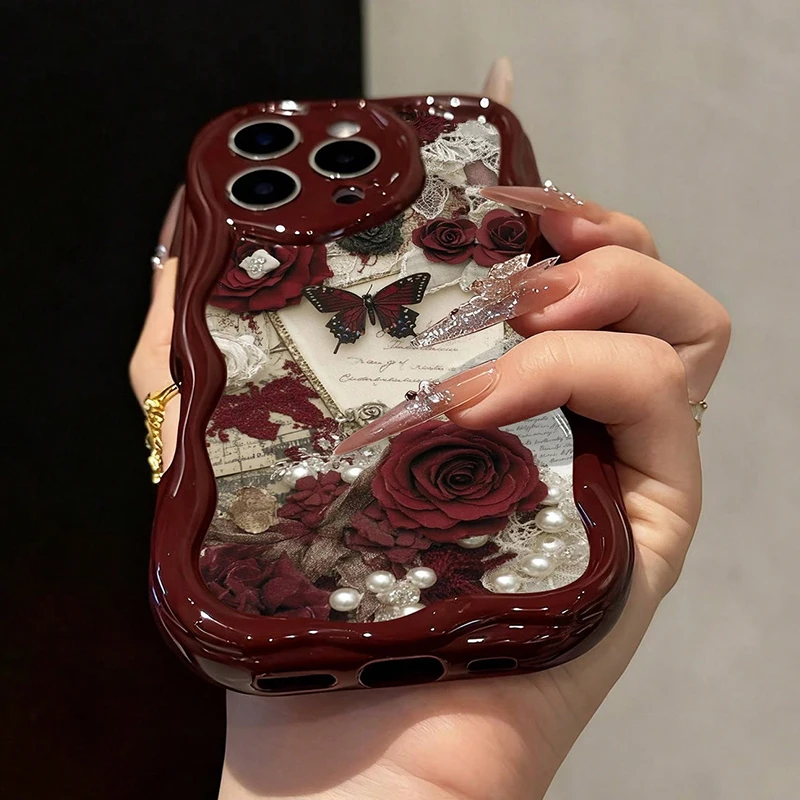 Butterfly Painted Flat Printing Wine Red Cream Texture Soft Phone Case For IPhone 18 17 16 15 14 13 12 11 Pro Max Plus 17e Cover