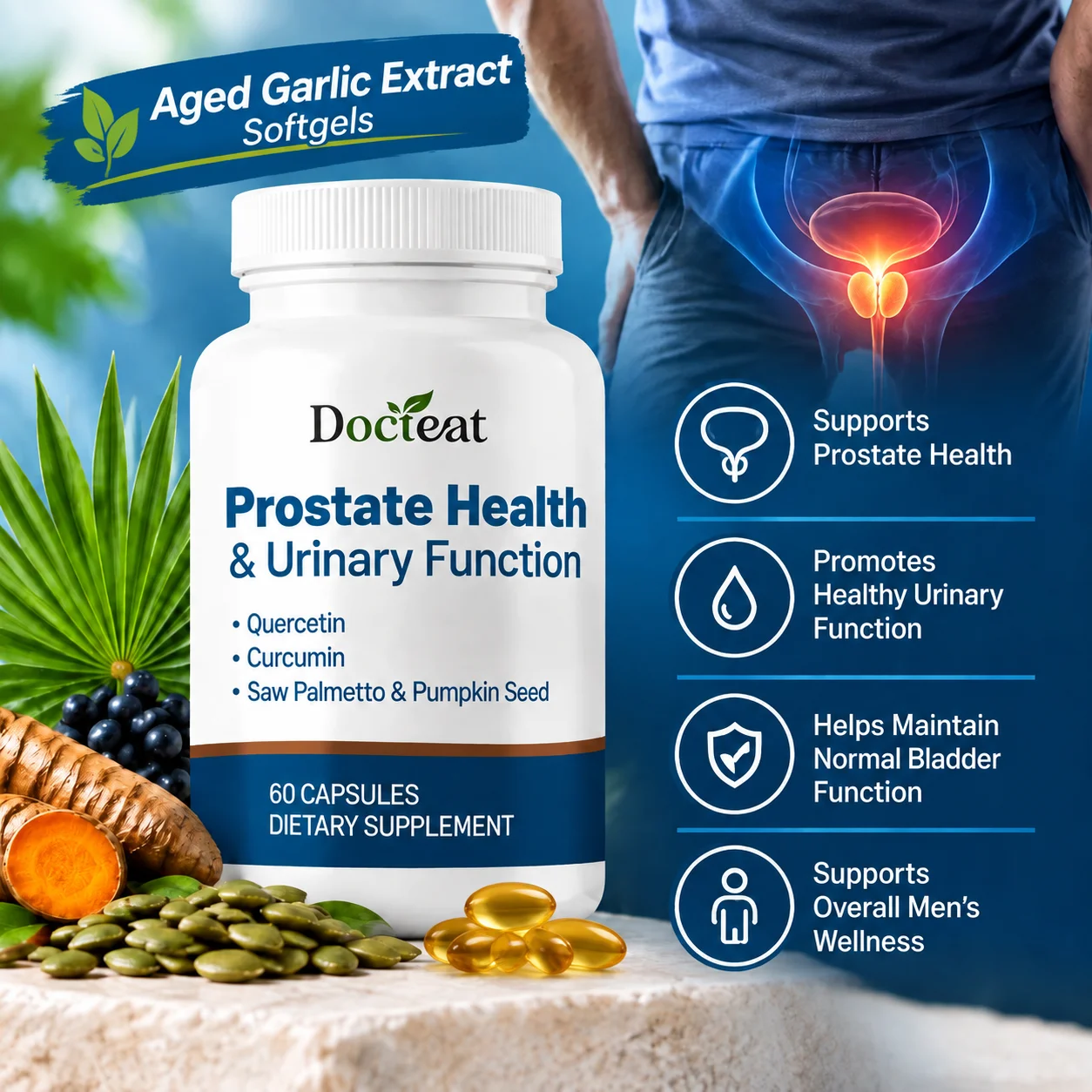 Men's Prostate Health Capsules,Prostate Health & Urinary Function,Quercetin, Curcumin, Saw Palmetto & Pumpkin Seed,60 Capsules