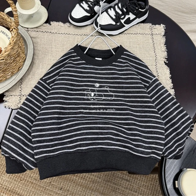 Boys Hoodie 2026 Autumn/winter New Childrens Clothing Korean Boys and Girls Cartoon Striped Foreign Style Round Neck Hoodie