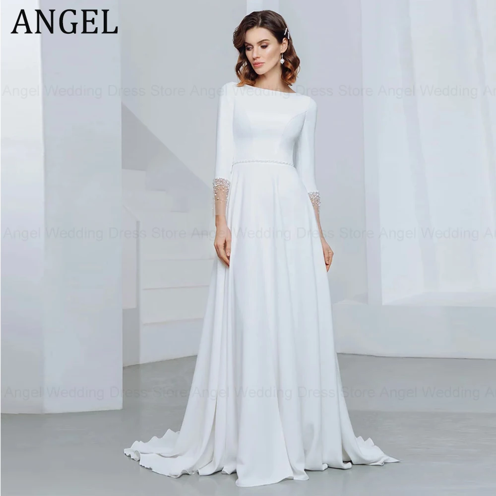 

ANGEL Simple A-Line Satin Wedding Dress For Women Elegant Boat Neck Beading Back Three Quarter Sleeve Floor Length Bridal Gowns