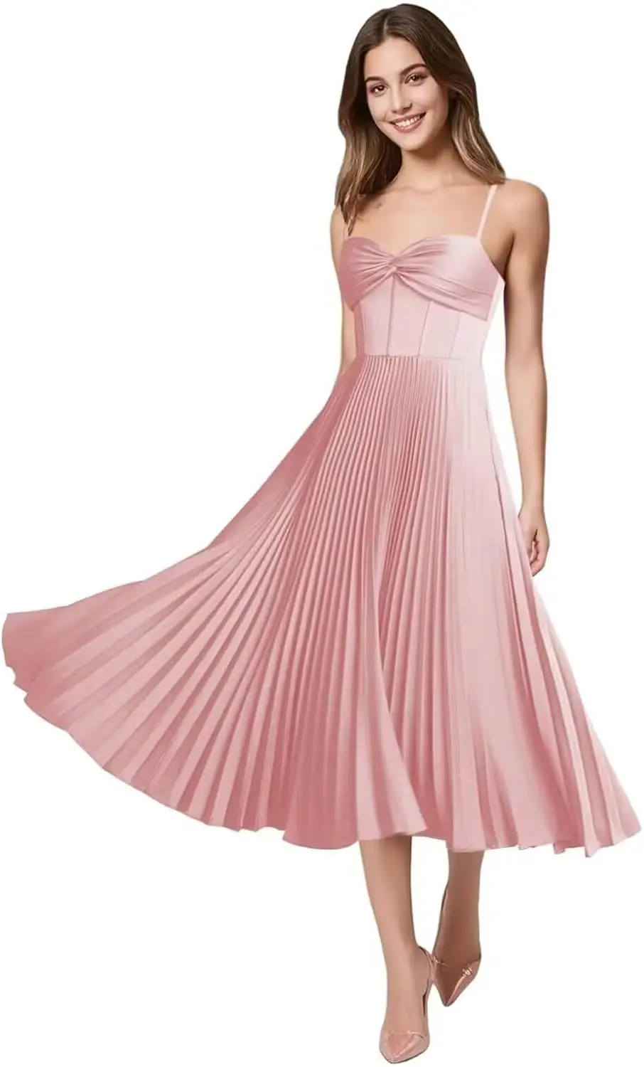 

Платья подружки невесты на тонких бретельках для женщин, атласное плиссированное вечернее платье миди длиной до чая DE437