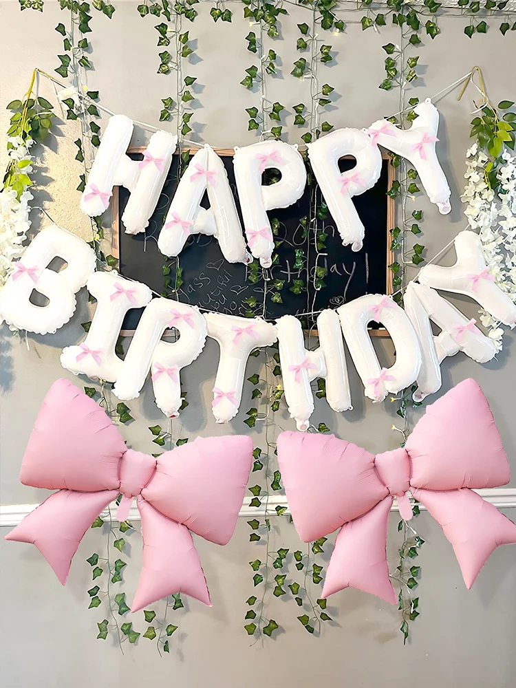 35/37 pcs White Happy Birthday Banner Balloons and Light Pink Bow Balloons, Pink Ribbon Bow, Princess Birthday