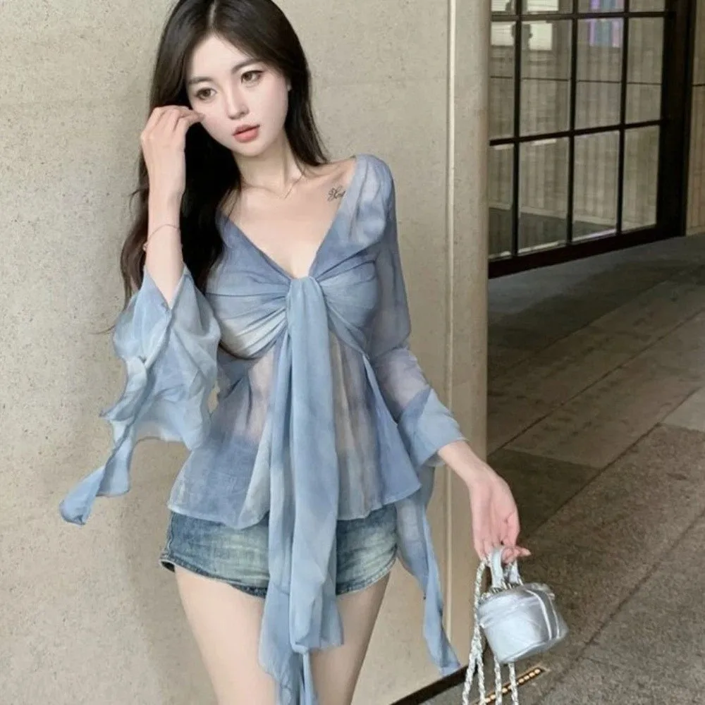 

Streetwear Jellyfish Mesh Belt T-Shirt Elf Long Sleeve Pleated Collar Slim Fit Crop Tops Transparent Korean Y2K Ins