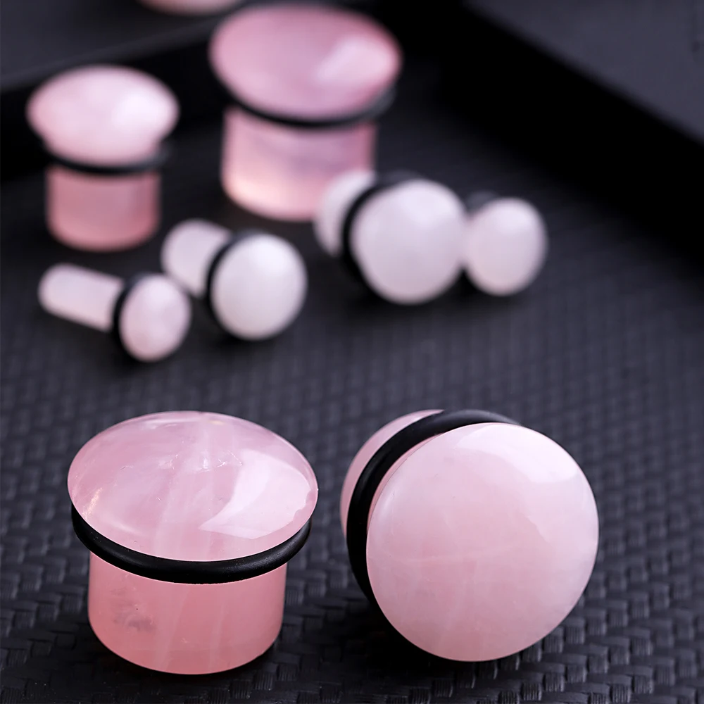 2pcs Single Flared Pink Quartz Stone Ear TunnelS Plugs for Women Men Flesh Ear Gauges Piercing Ear Expander Stretcher Jewelry