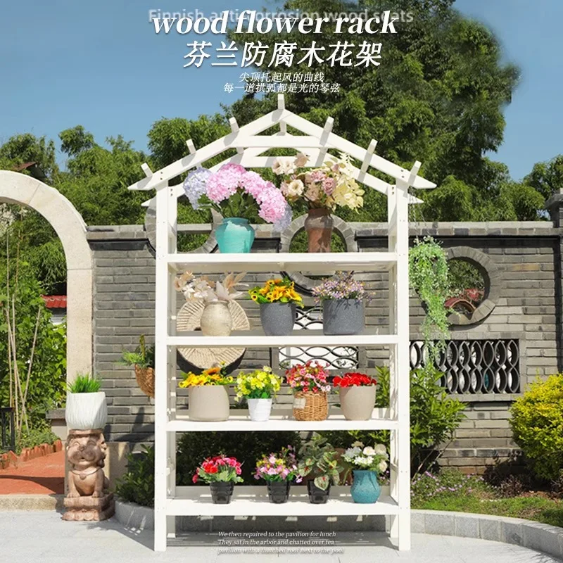 Preservative wood flower stand Outdoor courtyard Garden balcony Green plant shelf Solid wood flower pot stand Green dill succule