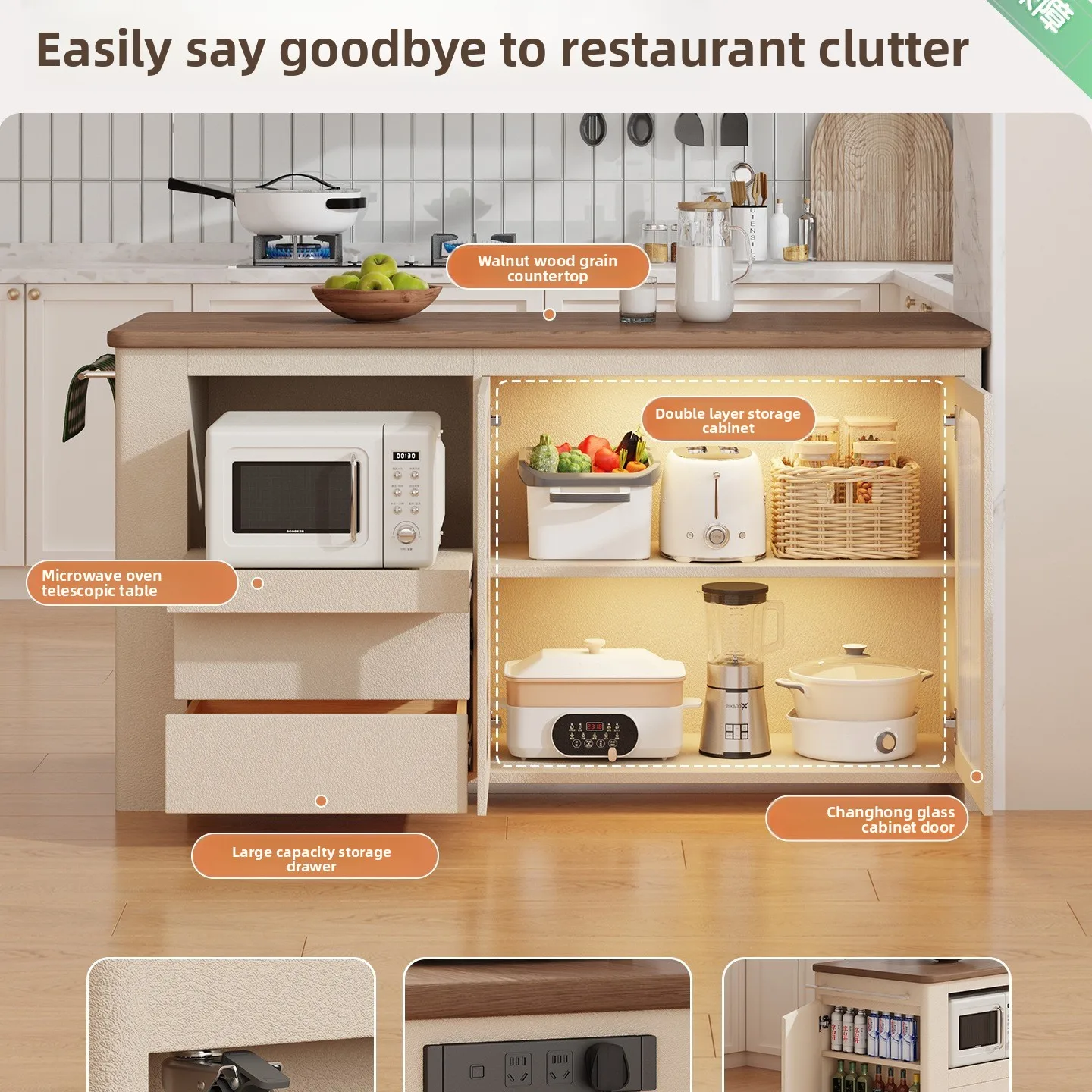 Solid Wood Kitchen Island Cabinet Freestanding Movable Preparation Table Inverted Storage Bar Dining Cart