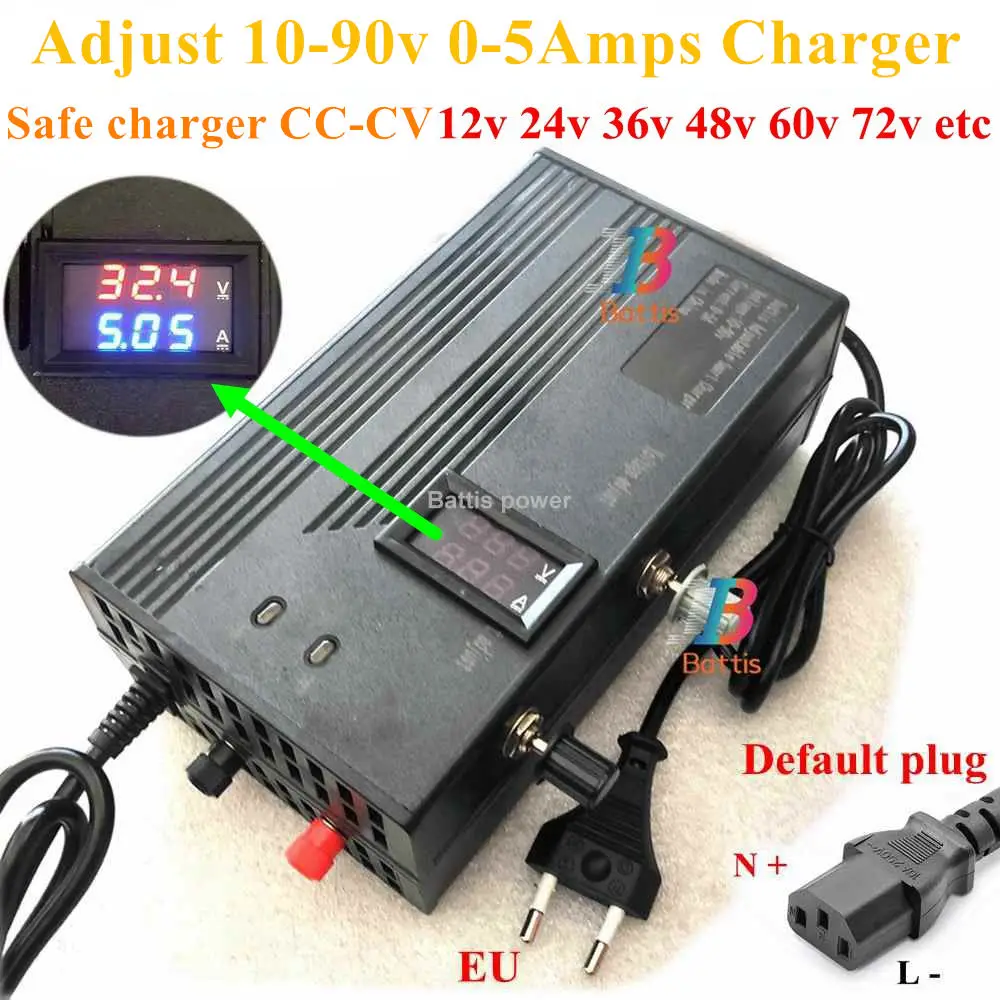 Adjust 10-90v 0-5A 48v 36V 42v 60v 72v 5A 37.8v 29.2v 25.2v 16.8v 12v 14.6v charger for LTO Lithium lifepo4 battery pack CC CV