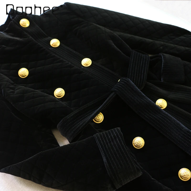 Estação europeia high-end moda magro trespassado acolchoado engrossado casaco de veludo de comprimento médio para mulheres jaquetas estilo hepburn