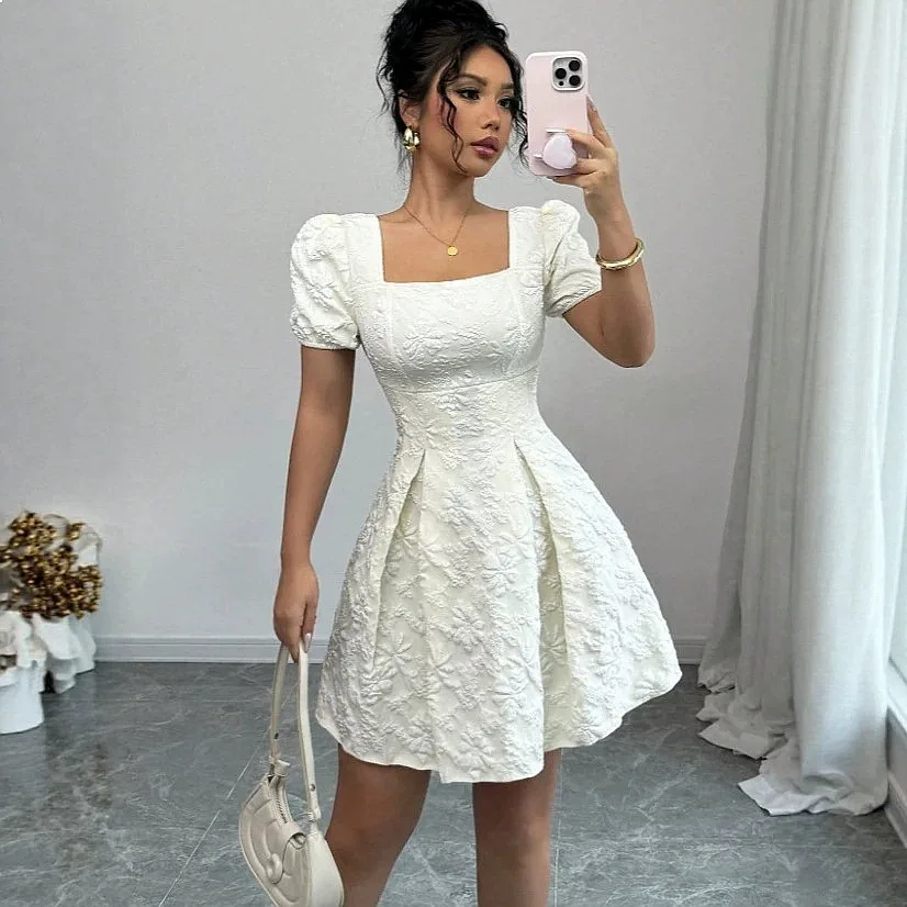 Elegant Square Neck Short Sleeve Bodycon Dress, Summer Dresses for Women, Fitted A-Line Mini Dress with Puff Sleeves