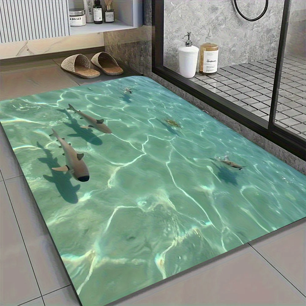 Aesthetic Shark Underwater Print Area Rug Polyester Mat for Bathroom Coastal Decor Beach Ocean Nursery Home Runner