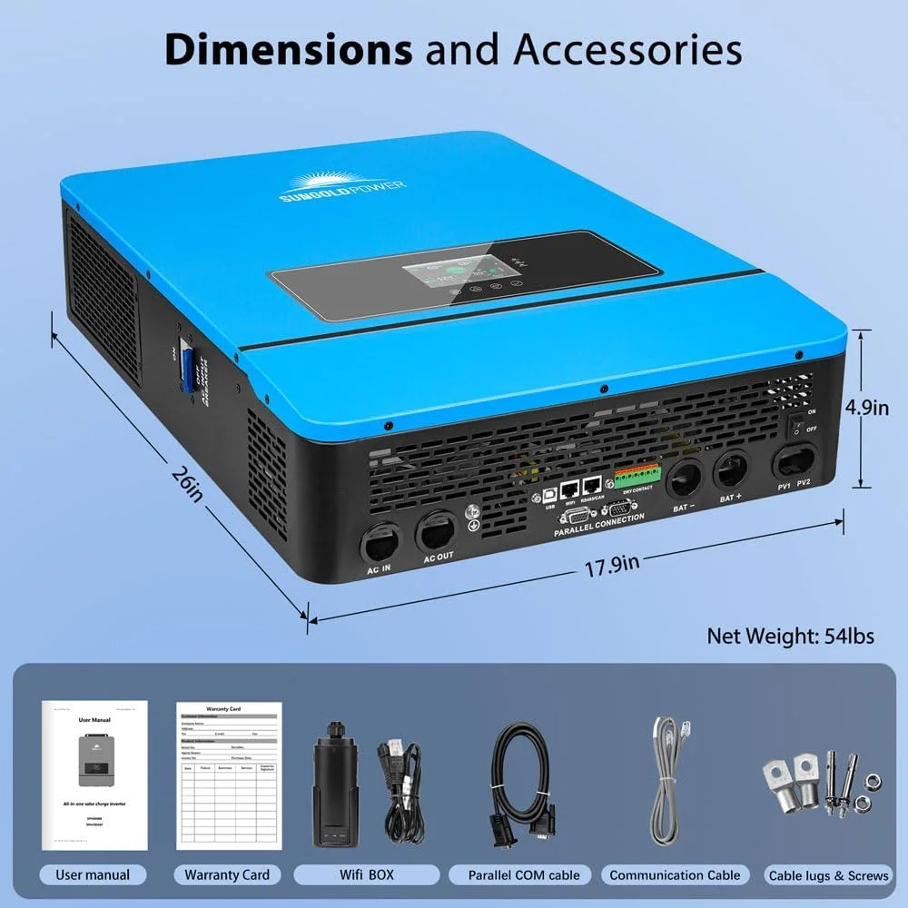 SUNGOLDPOWER 10000W 48V Solar Inverter, Built-in 2 MPPTs, Split Phase AC Input/Output 120V/240V(settable)Pure Sine Wave BMS COMM