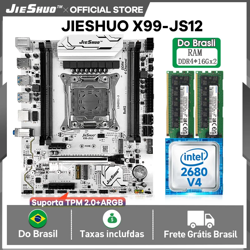 Placa mãe Jieshuo X99 JS12 Argb Chipset C612 + suporte ao tpm 2.0, Quad Channel, Secure Boot.