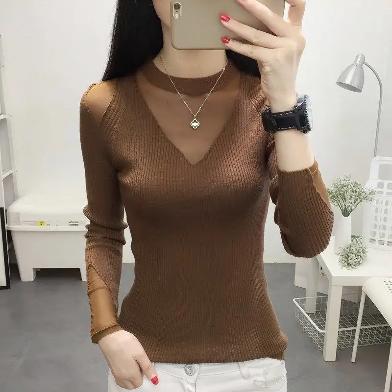 Frauen Frühling neue Mode sexy Pullover Rundhals ausschnitt Strick hemd einfarbig Gaze gespleißt Pullover vielseitige Langarm Tops