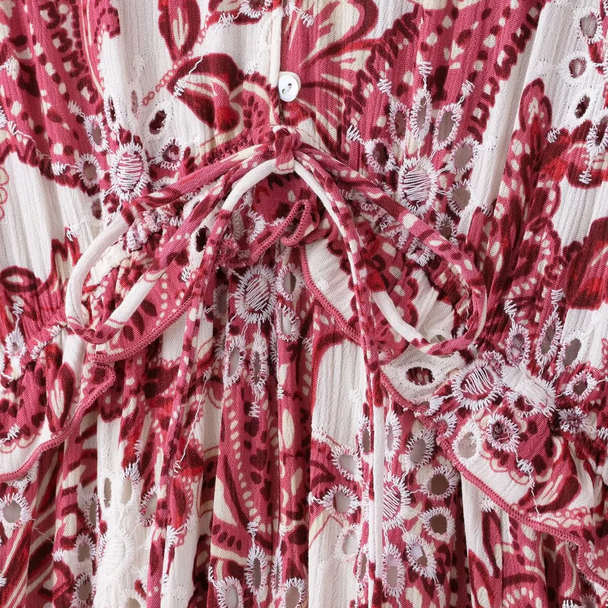 NINE ZAR レディース Vネック レースアップ ホローアウト 刺繍入り ミディ丈 ロングドレス コットン ランタンスリーブ ハイウエスト サマーカジュアルドレス