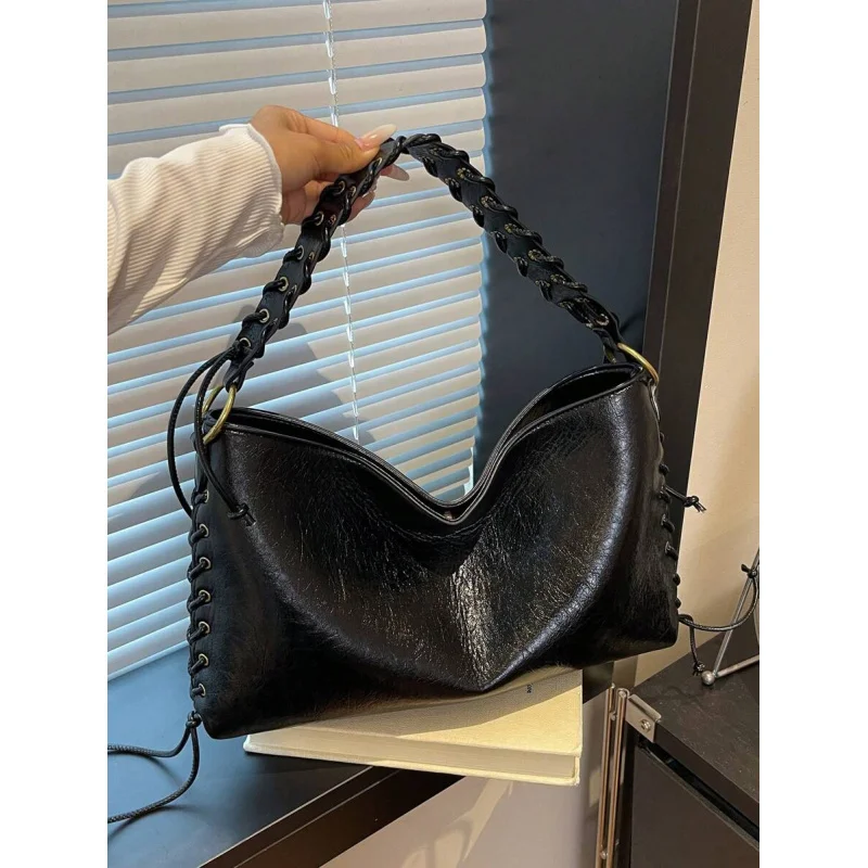 

New Fashion Casual Solid Color PU Leather Drawstring Tie Decor Retro Strap Women Shoulder Bag