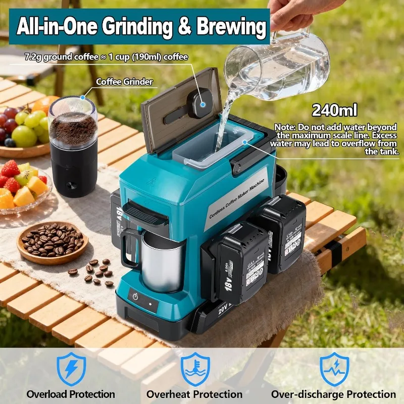 Cordless Coffee Maker for Dewalt/Makita/Milwaukee/Ryobi/bosch 18V Battery Drip Coffee Maker with Coffee Grinder for RV Camping