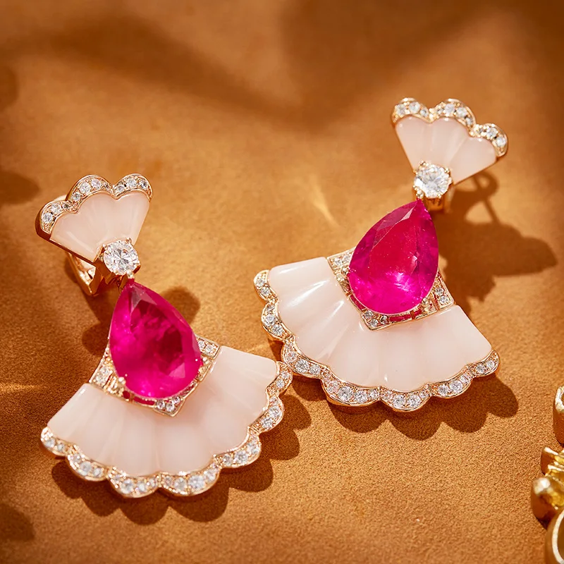 Designer Collection Style Women Lady Dinner Party Jewelry Sets Settings Cubic Zircon Pink Fan-Shaped Pendant Necklace Earrings