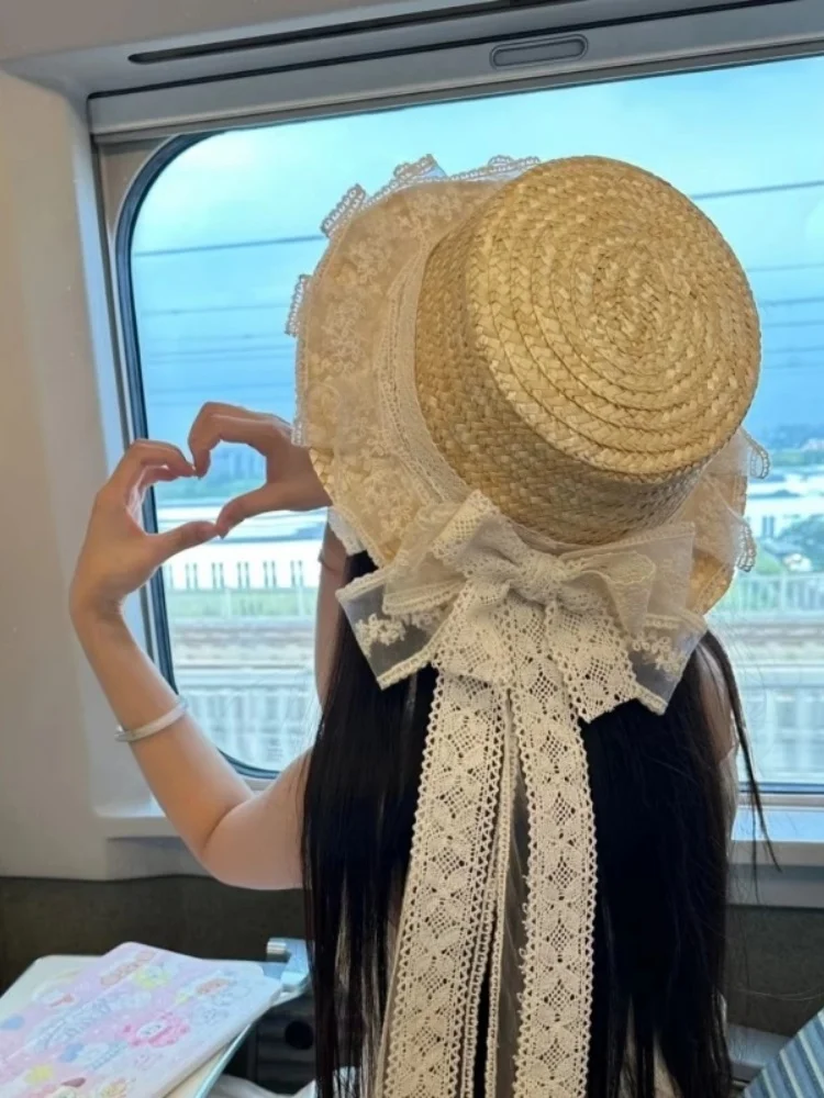 Sweet Girl  Knot Straw Hat Sunshade Photography Large Brim Hat Field Style Forest System Lolita Cap for Teenagers