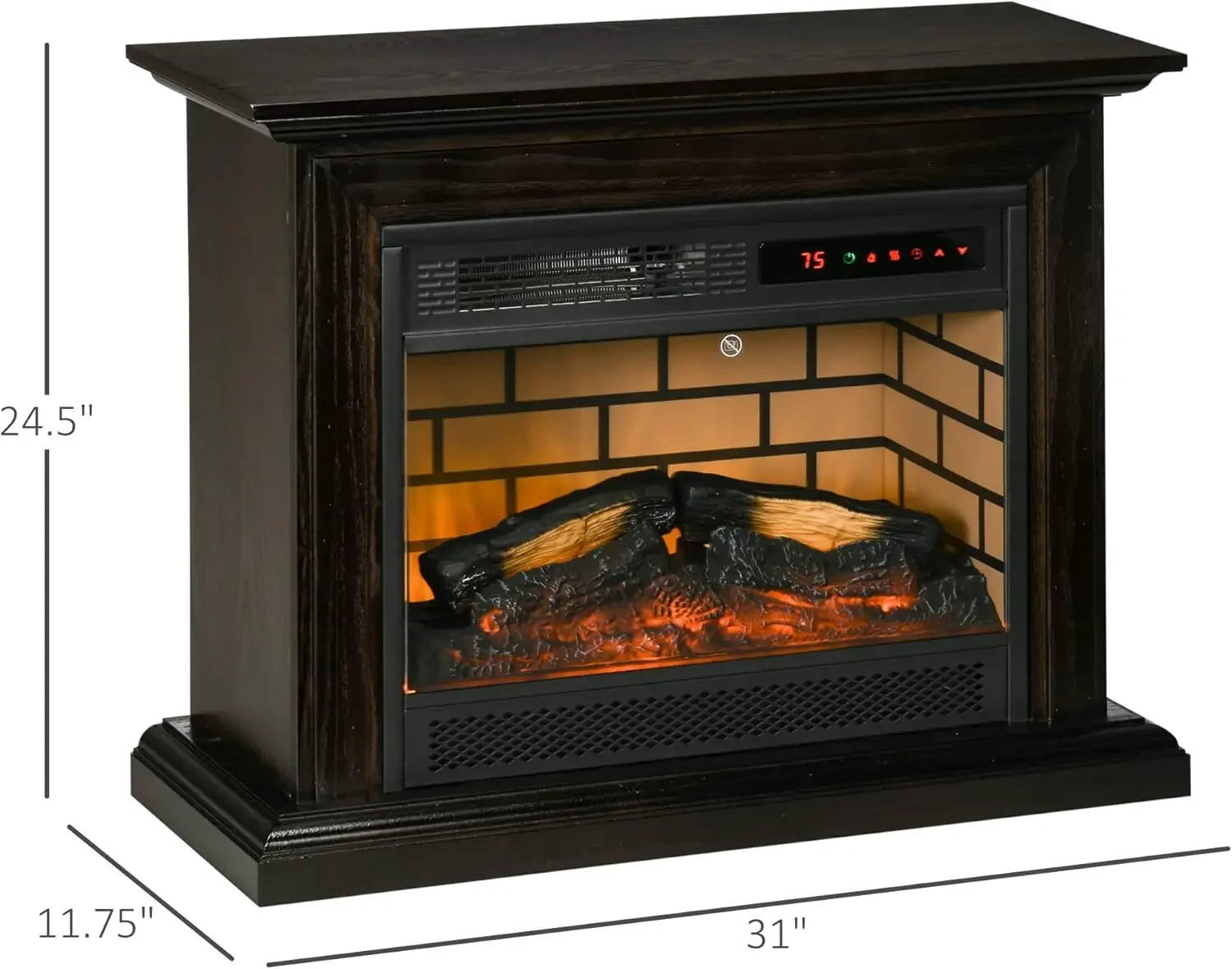 Fireplace with Dimmable Flame Effect and Mantel, Freestanding Space Heater with Log Hearth and Remote Control, 1400W, Brown