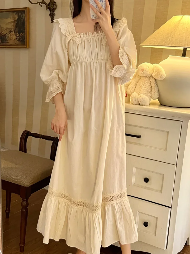 Nightgown for Women French Sleep Dress Cute Long Summer Ladies Nightdress Solid Hollow Out Ruffles Princess Vintage Nightwear