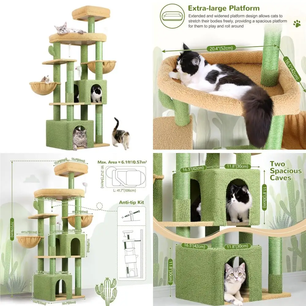 

Прочная 68-дюймовая лежанка-когтеточка для крупных домашних кошек, выдерживает вес до 20 фунтов, с большой платформой и 5 когтеточками, зеленая.
