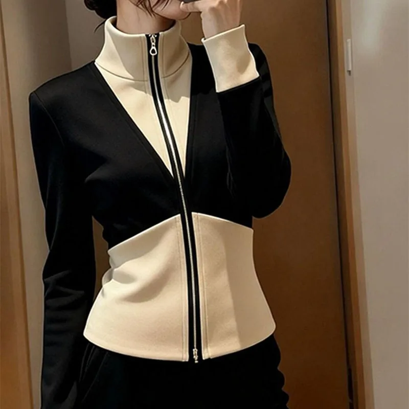 2026 봄 가을 신상 여성 재킷 상의 아름다운 기품 슬림 컬러 대비 캐주얼 후드 스포츠웨어 코트
