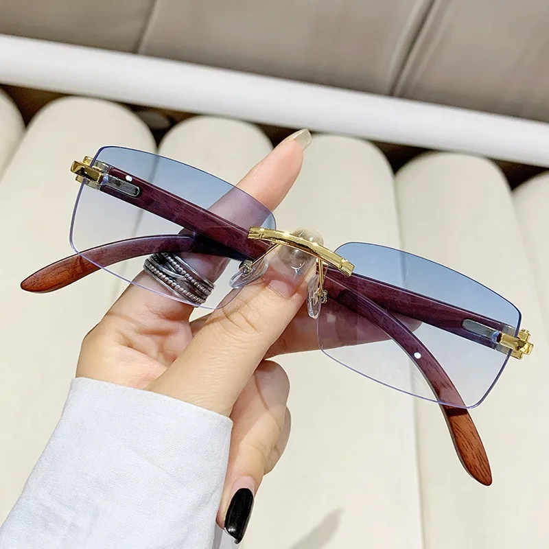 New Frameless Cut Edge Personalized Sunscreen Sunglasses, Fashionable and Versatile Wood Grain Leg Sunglasses
