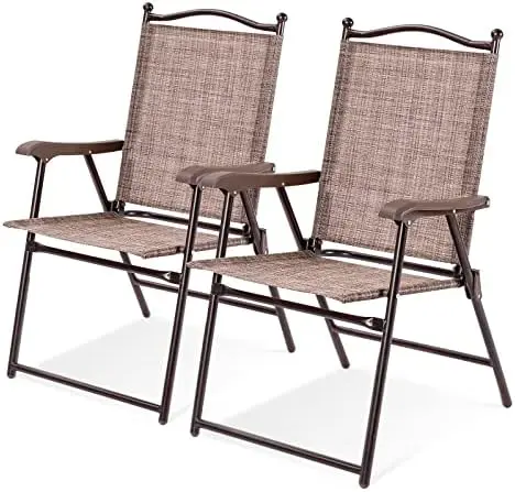 Set of 2 Patio Folding Dining Chairs, Outdoor Sling Lawn Chairs with Armrests, Steel Frame, Portable Camping Lounge