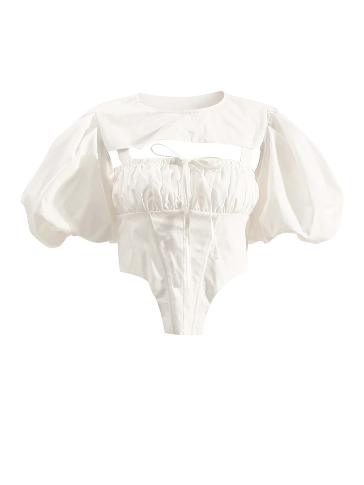 

Women White Irregular Hollow Out Blouse New Round Neck Short Sleeve Loose Fit Shirt Fashion Spring Summer 2022 M698
