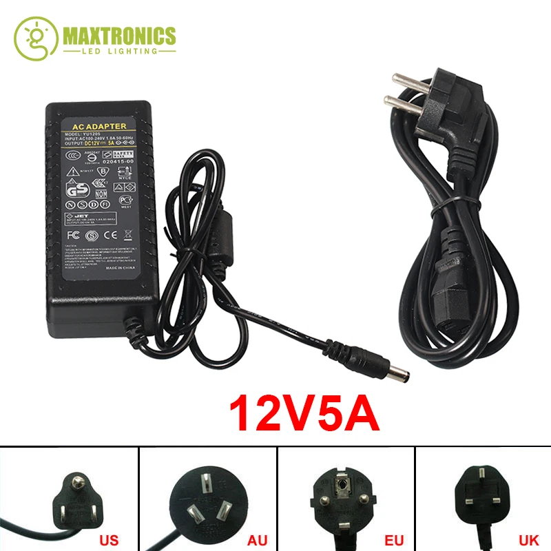 

Best Quality 12V 5A 60W (US/EU/AU/UK Plug) AC 110~240V To DC 12V 5A CCTV Power Supply Adapter for Led Strip Light