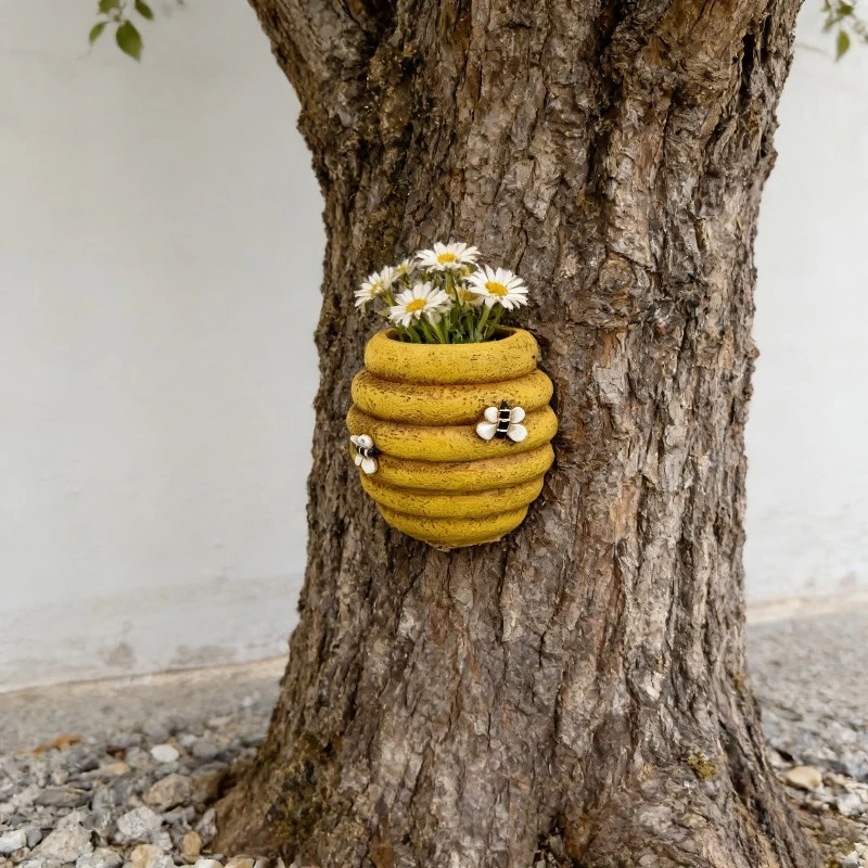 Farmhouse Honeycomb Bee Resin Wall Pot Figurine Speckled Yellow Hanging Flower Planter For Indoor Window Wall Decor Ornament