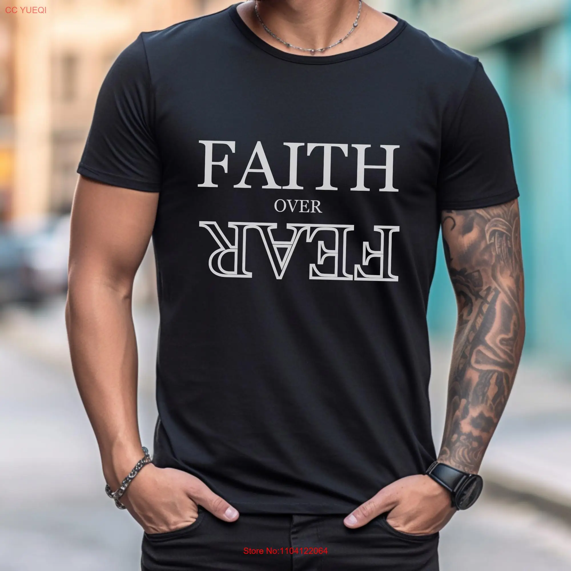 

Faith Over Fear T Shirt Christian Man Catholic Pray Dad Bible Verses Religious long or short sleeves