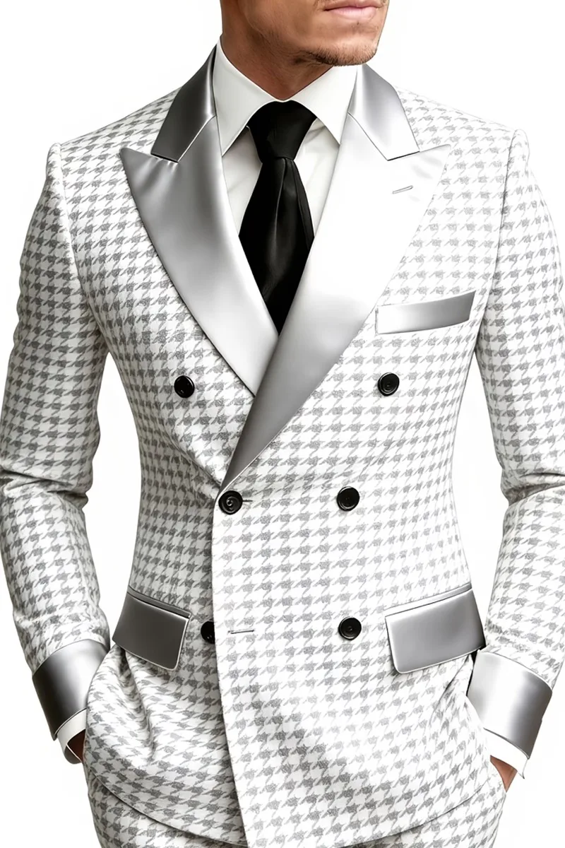Luxury White Houndstooth Double-Breasted Suit with Silver Satin Lapel and Contrast Buttons Men Gala Tuxedo Customized M266937