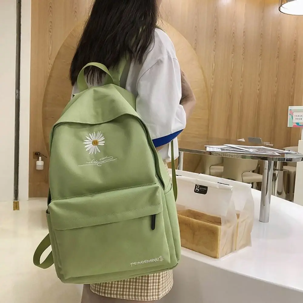 Backpack Casual Canvas Book Backpack Green with Daisy Embroidery Large Capacity Street Travel Bag Student School Bags Portable