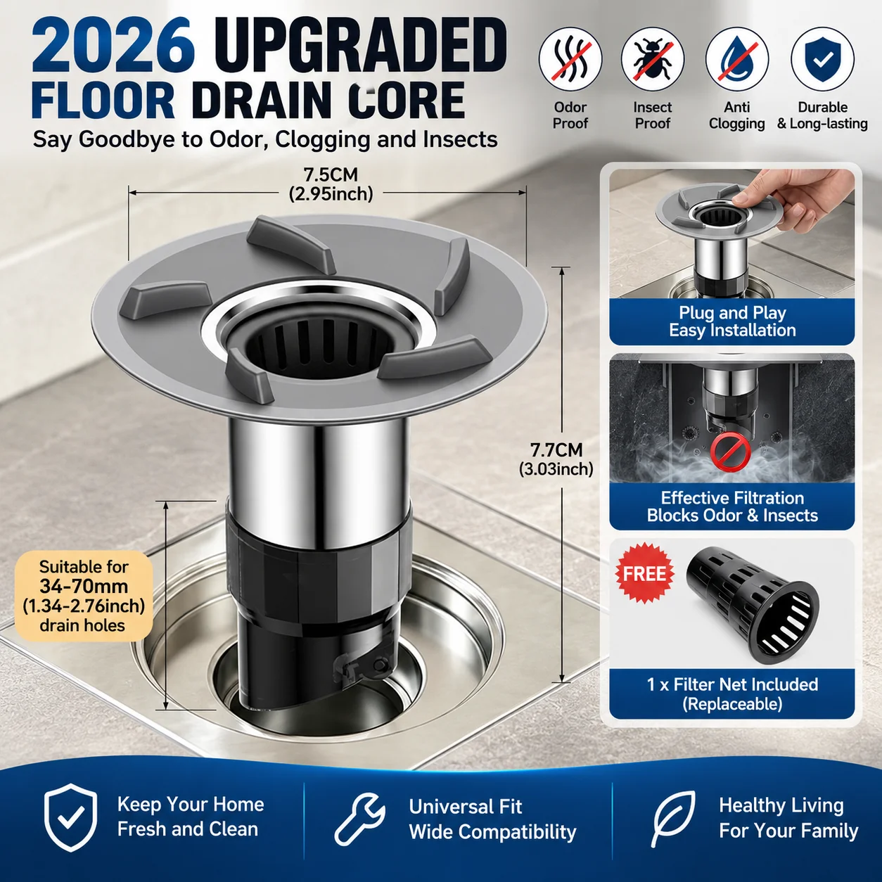 Anti Odor Backflow Preventer Floor Drain 78mm Large Panel Vortex Shower Drain with Hair Strainer Clog Resistant Bathroom Use