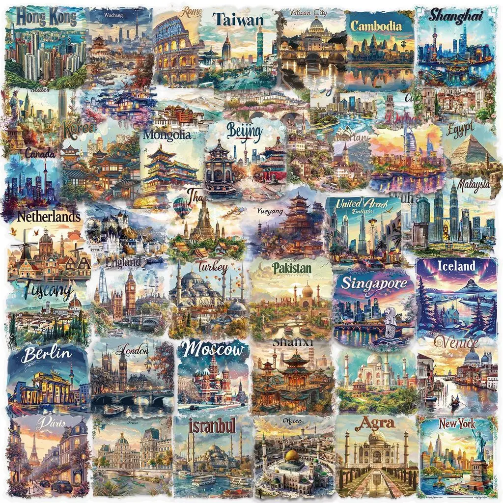 

50Pcs Transparent Travel Postcard PET Stickers Waterproof Journal Decals For Guitar Notebook DIY Decor Papery Pop Store