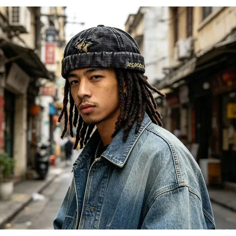 Bocca Washed Docker Cap Without Visor Star Splicing Brimless Caps Letter Embroidery Beanie Hat Retro Adjustable Vintage Street