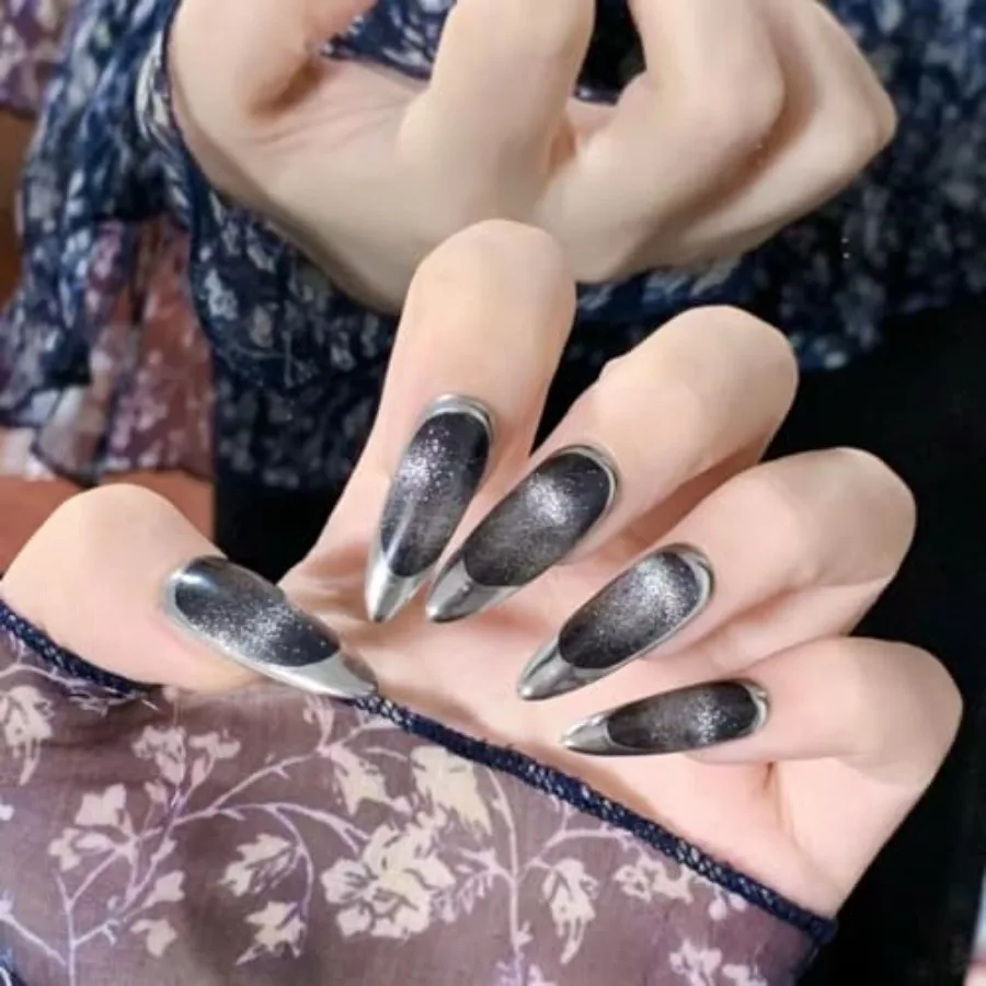 3Dアーモンド型プレスオンネイル ロングアーモンドフェイクネイル フレンチグラデーションデザイン レディース ガールズ ミドルブラックプレスオンネイル