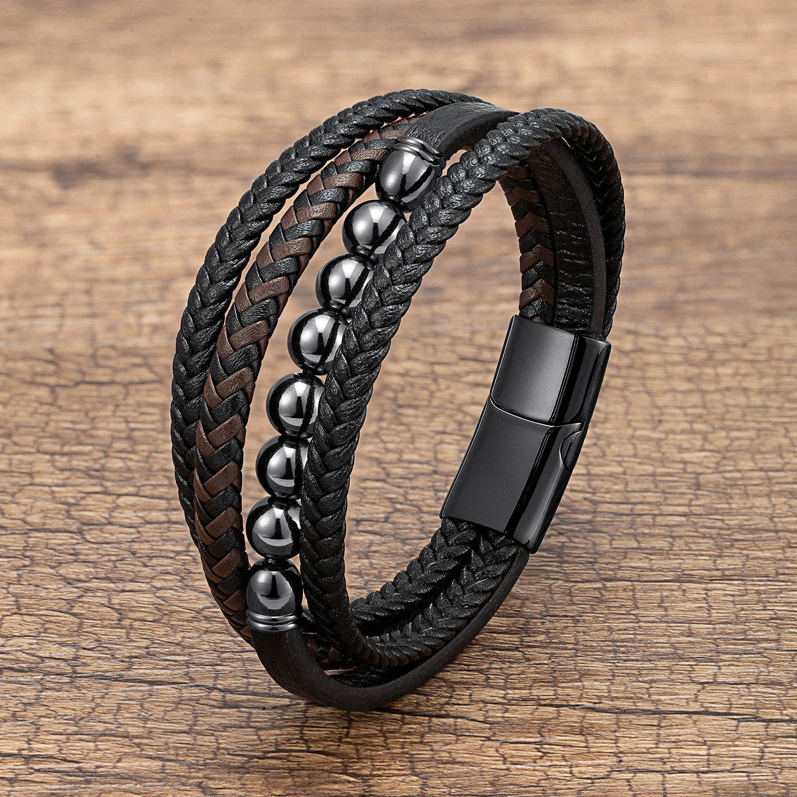 Natürliches Rundes Lavastein-Perlenarmband für Männer, Mehrschichtiges Geflochtenes Lederarmband, Modisches Tigerauge-Schmuckstück, Geschenk für den Freund – Detail 5