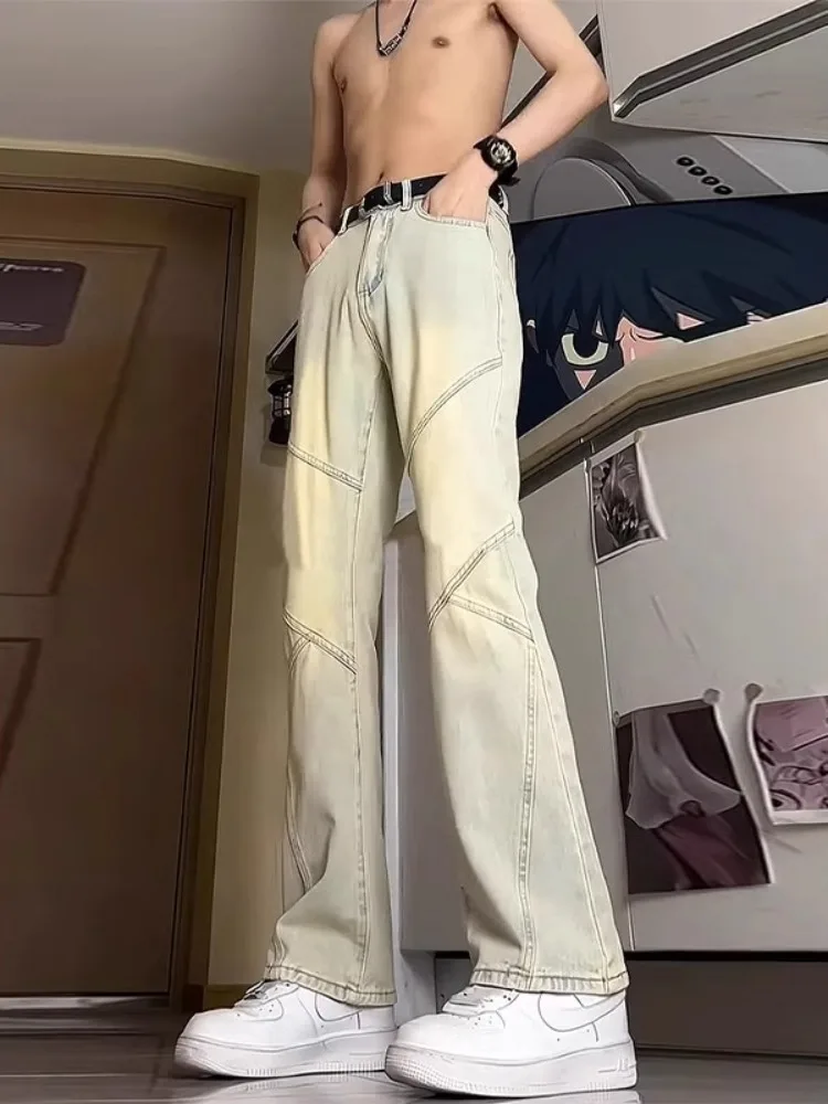 

American High Street Deconstructed Patchwork Flared Jeans Men Spring Waed Vintage Straight Tube Pants Youth Trend Wear Resi...