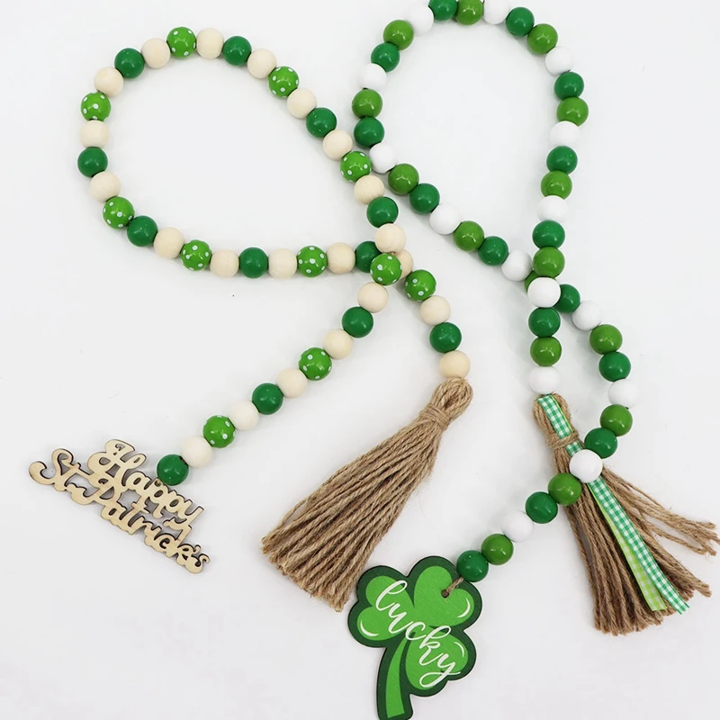 2 Pieces Saint Patrick Day Wood Bead Garland Tassel Garland Farmhouse Rustic Prayer Beads For St.Patrick Day Decor