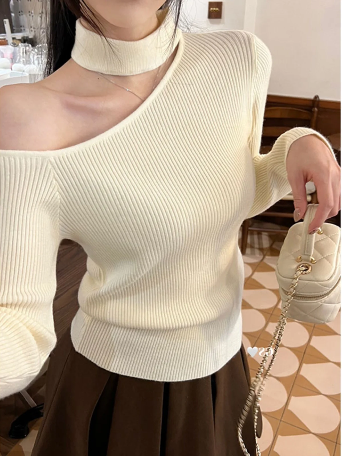

Sexy Knitted Base Shirt Women's Autumn Winter Hanging Neck Shoulder Exposure Half High Collar Sweater Spicy Girl Top Design S...