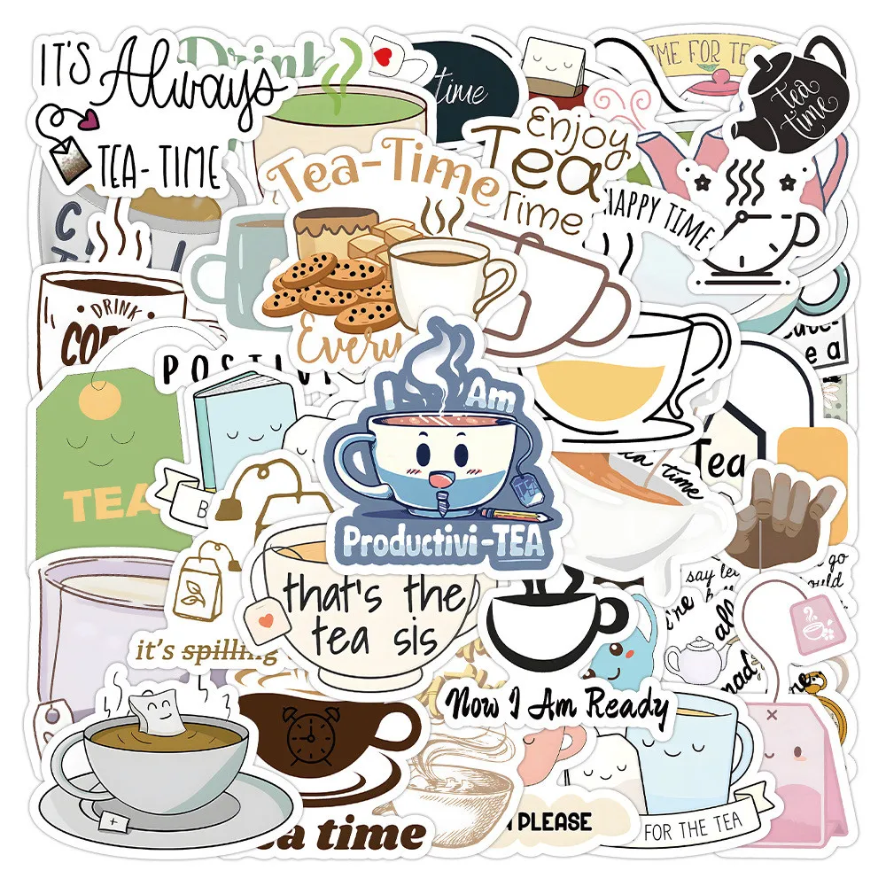 

50Pcs Tea Time Cartoon Graffiti Stickers Coffee Themed Decals for Luggage Phone Case Notebook Decoration Papery Pop Store