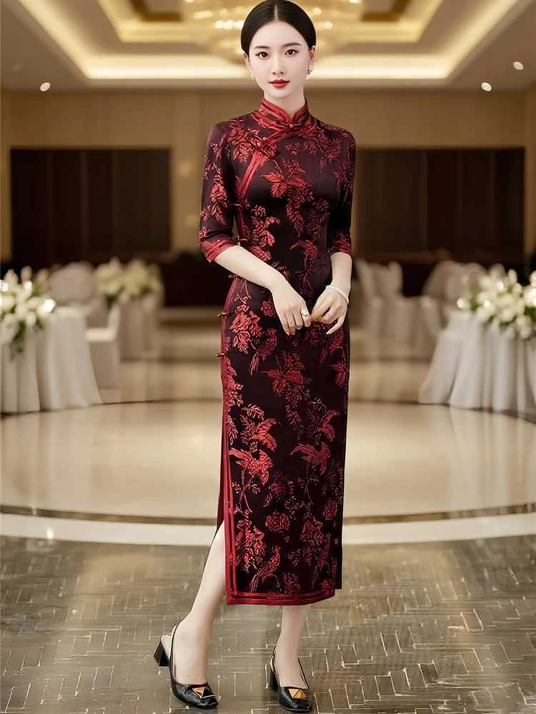 

Red Ele Vintage Sle Long Qipao Dr for Wedding Banquet Autumn Wear Polyester Fiber Low Slit Floral Pattern